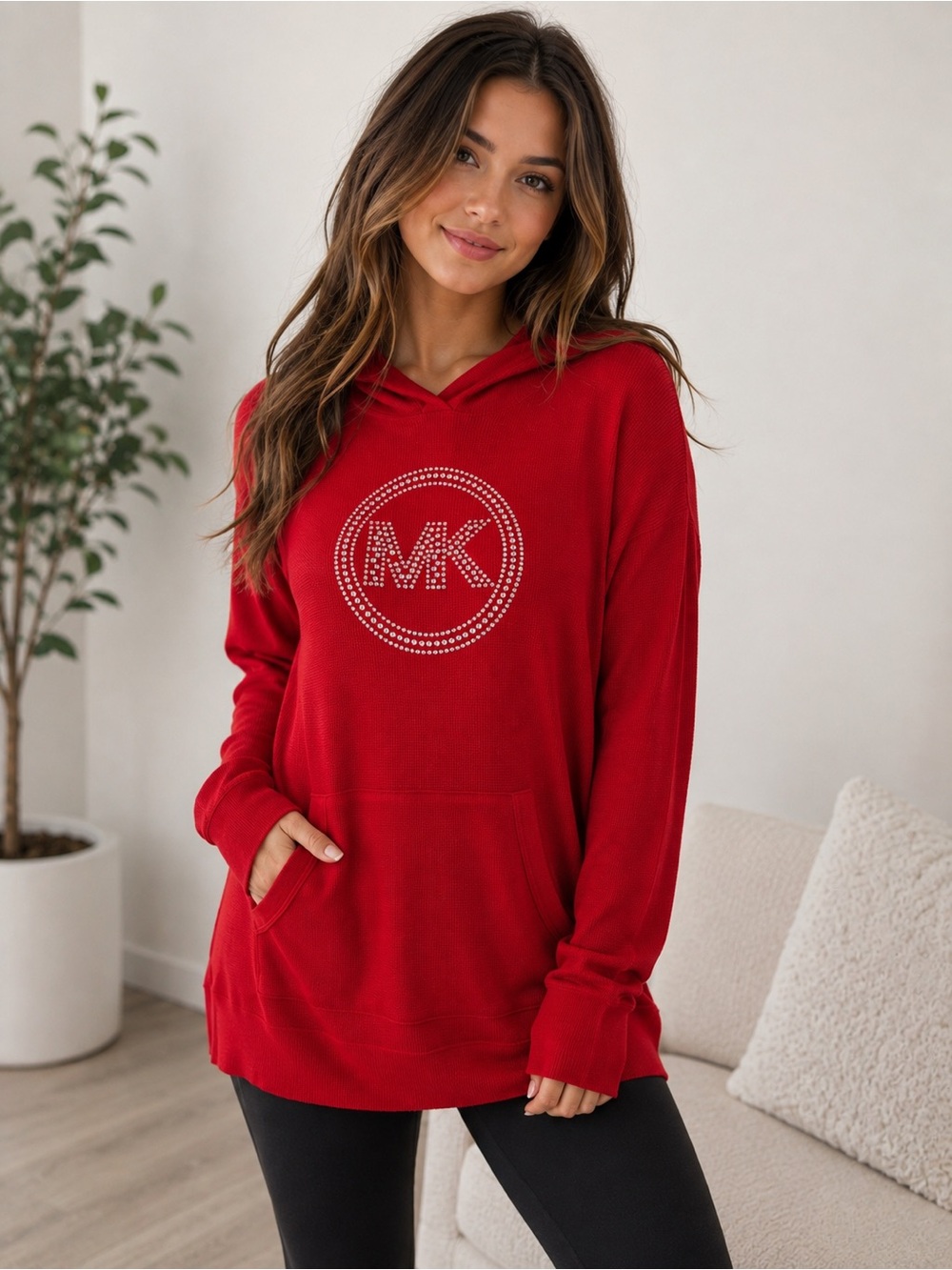 Michael Kors Red Crystal-Logo Hooded Pullover